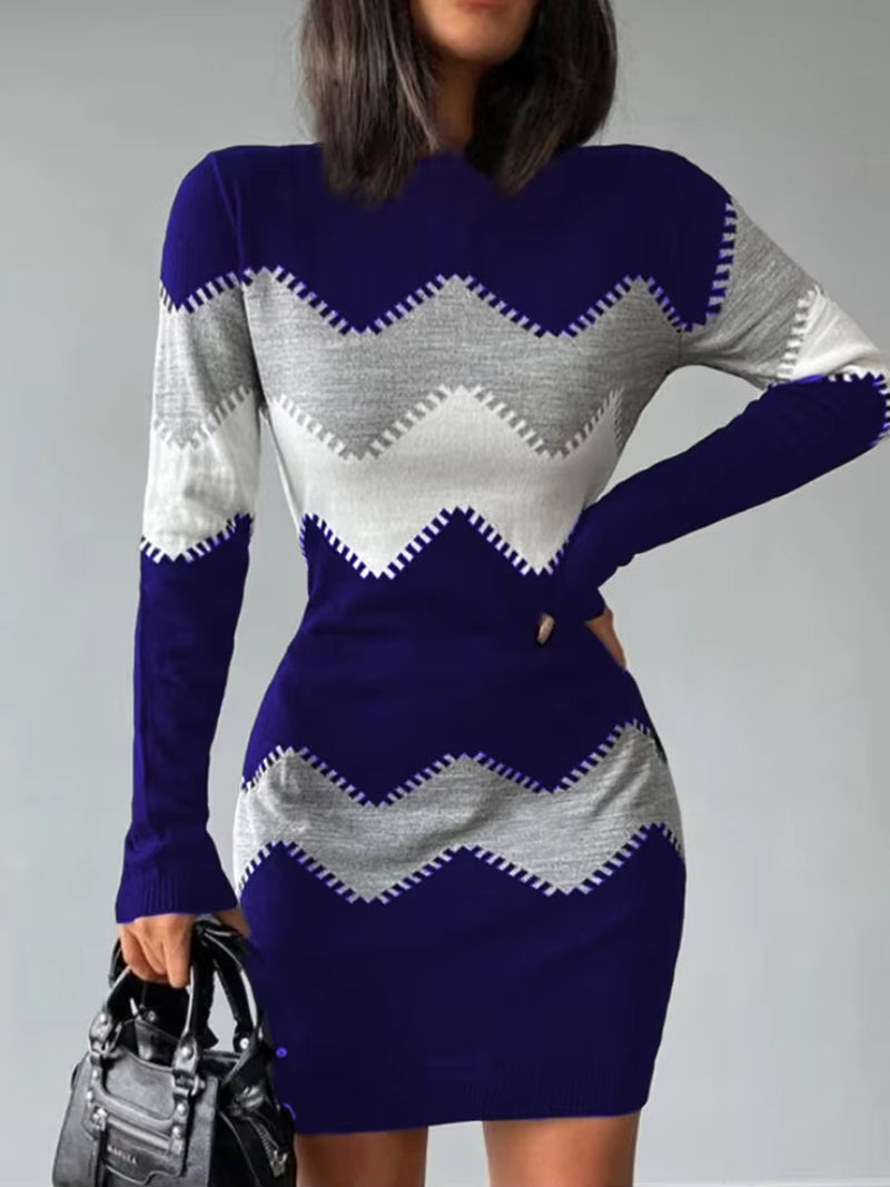 2023 Autumn Women Fashion Print Slim Knitted Dress Female Long-Sleeve O-Neck Elegant Bodycon Package Hips Mini Dresses 5XL