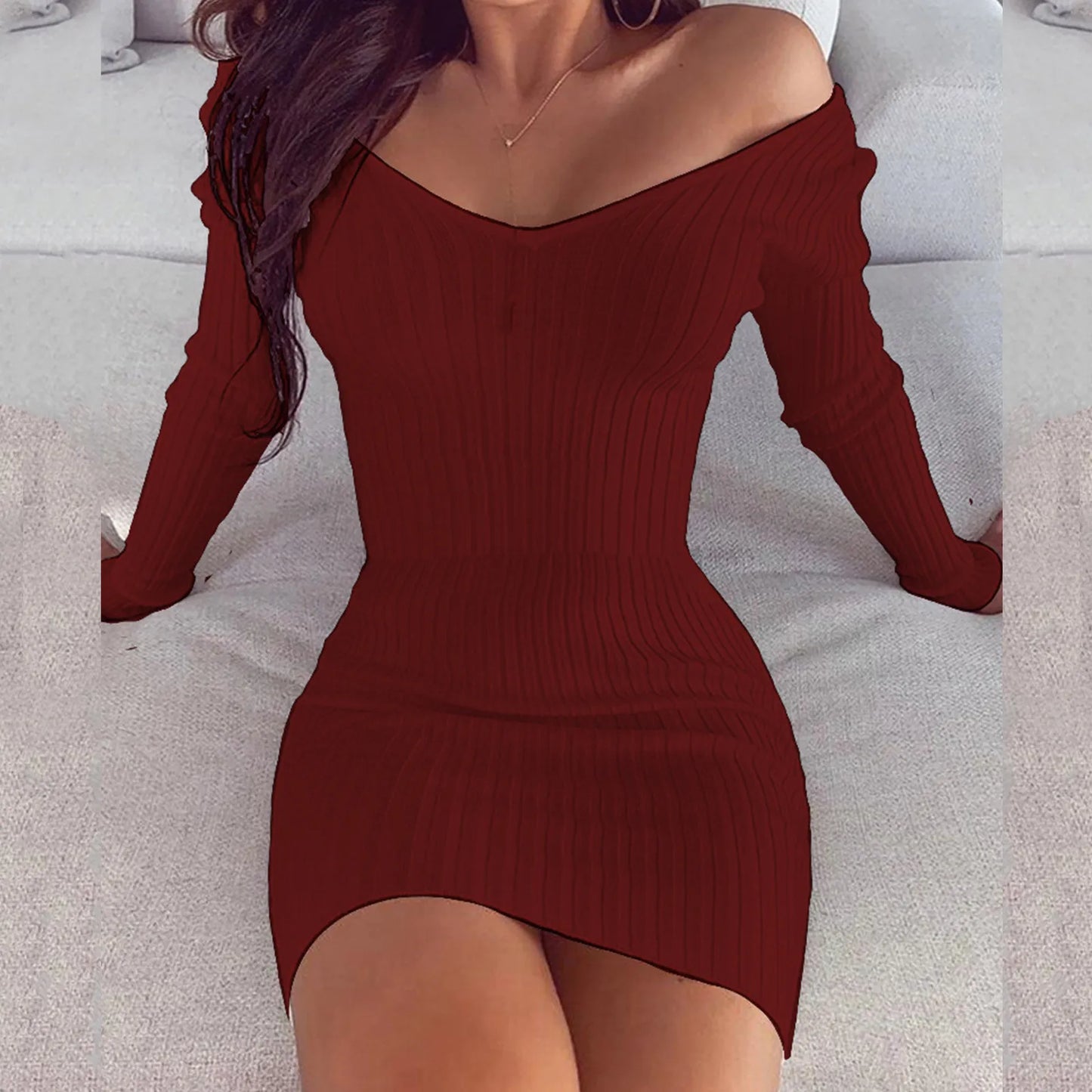 Sexy off Shoulder Long Sleeve Bodycon Dress for Women 2024 Spring Autumn White Knitted Sweater Mini Woman Dresses Robe Femme